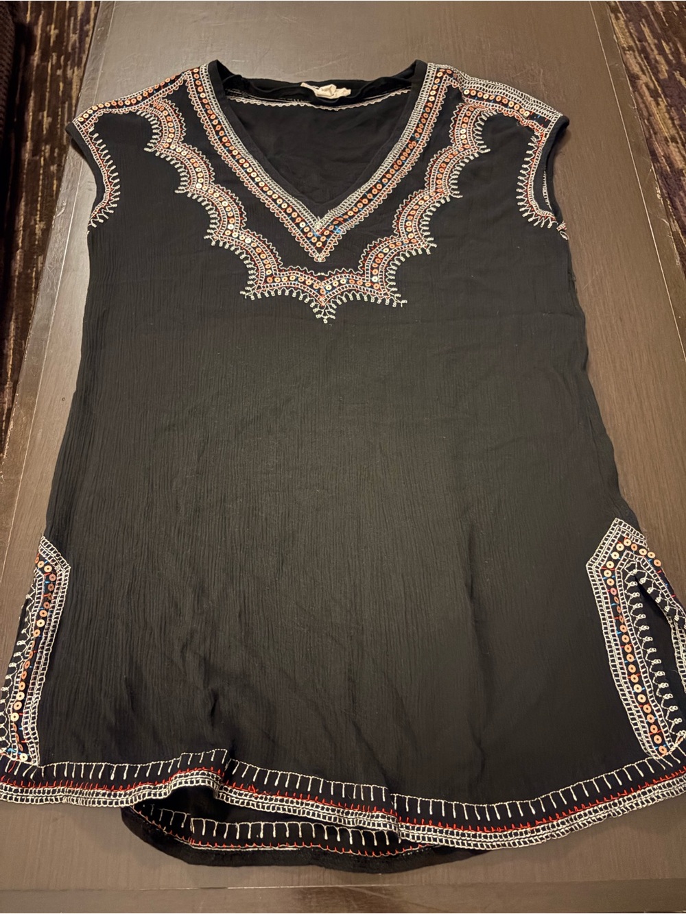 ILLA ILLA Black Embroidered V-Neck Tunic with Multicolor Stitching